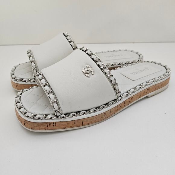 Chanel White Leather CC Chain Slides Cork Platform US 8 / EU 38 - Picture 2 of 6